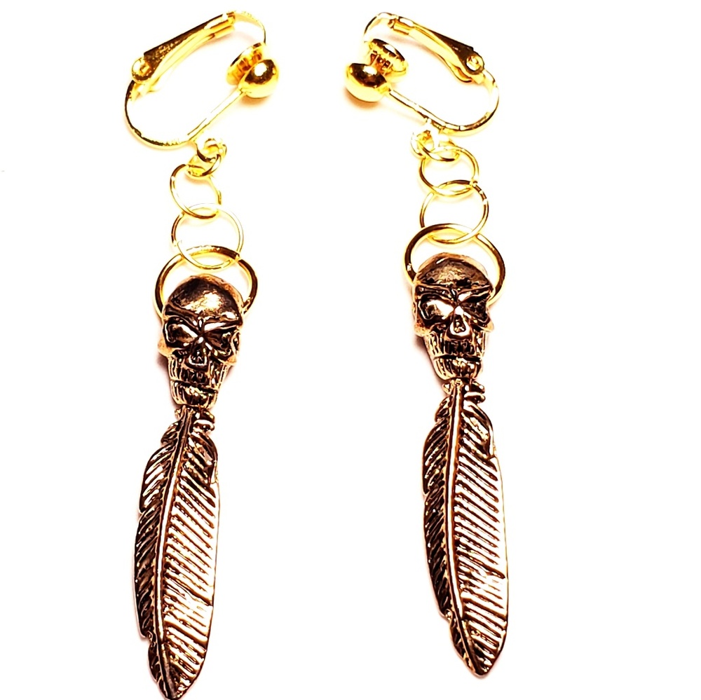 2.75" Gold Clips Skull Feather Dangle Clipons